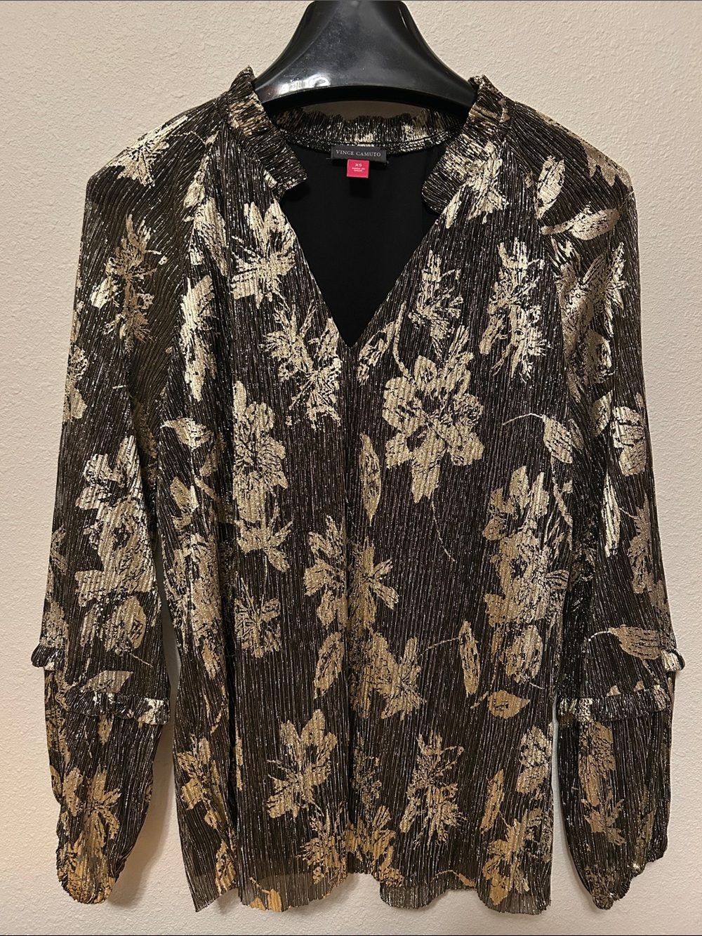 Vince Camuto Black Blouse with Gold Floral Metallic Print